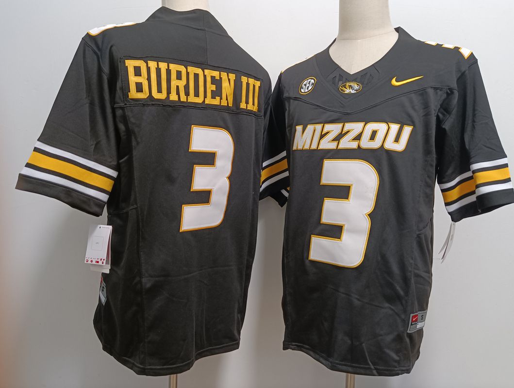 Men Missouri tiger #3 Burden iii Black Nike 2025 NCAA Jersey